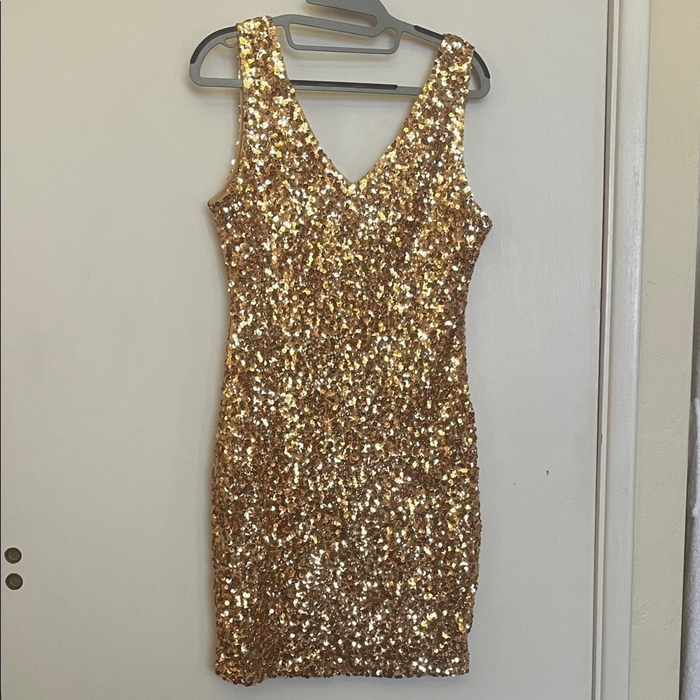 Gold Sequin Sleeveless deep V Neck & Back Cocktail Dress size medium
